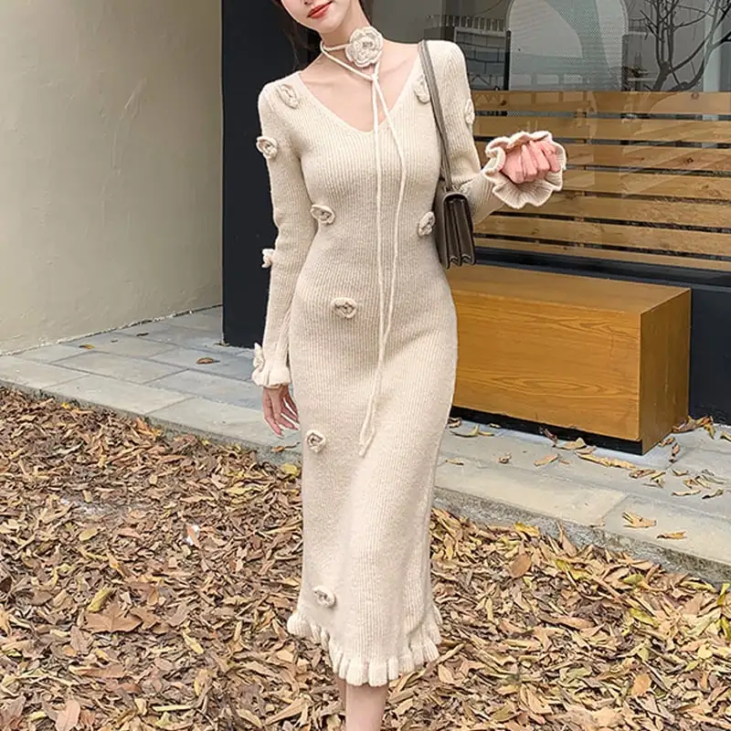 ワンピース ニット 気質溢れる 立体フラワーデザイン ダークベージュ