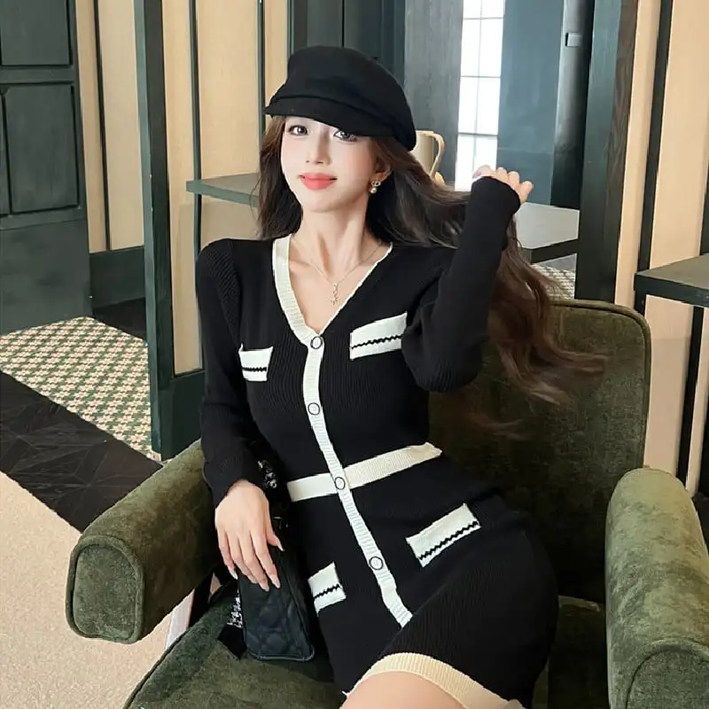 ワンピース ニット 配色 Vネック 長袖 膝上 ブラック