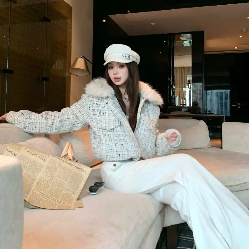 シティガールファッション ツイード ゆったり ファー付き キルティングジャケット