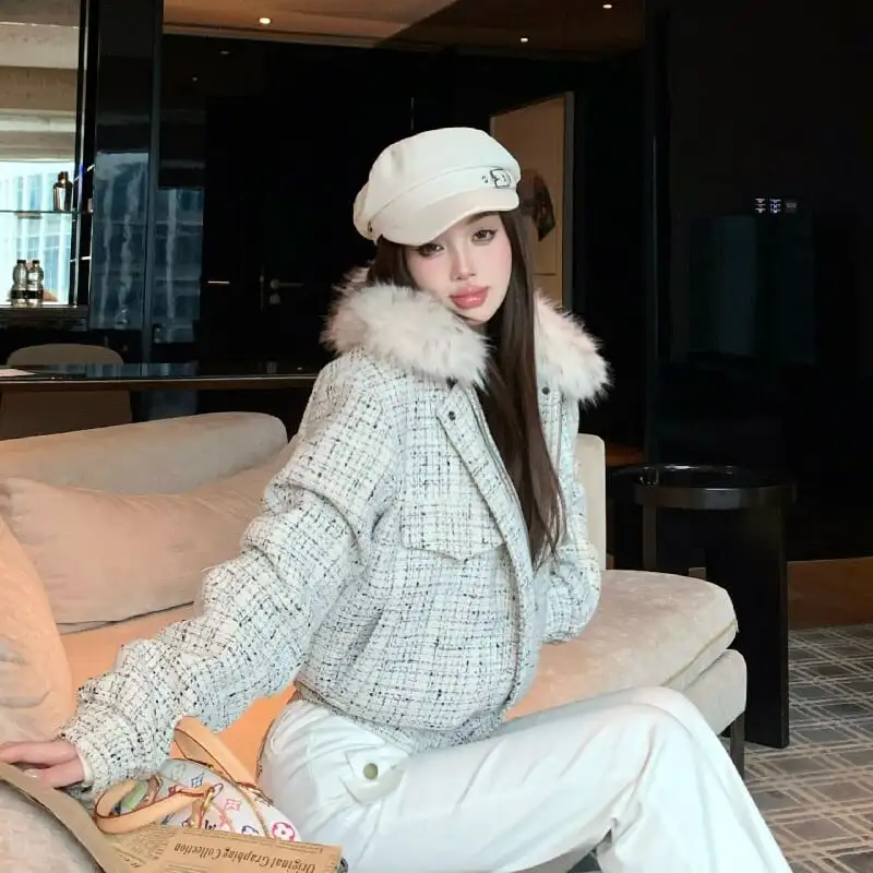 シティガールファッション ツイード ゆったり ファー付き キルティングジャケット