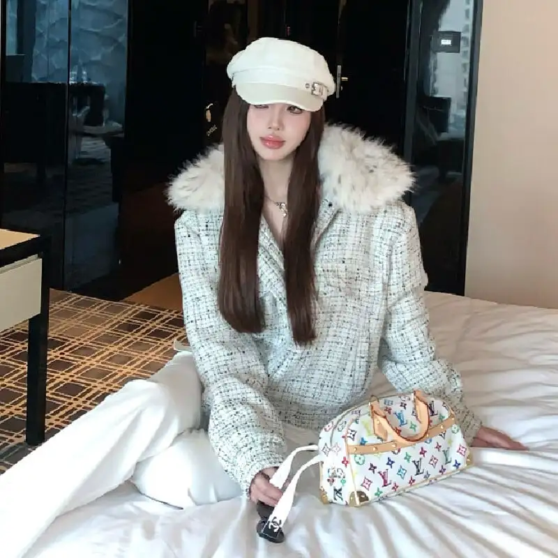 シティガールファッション ツイード ゆったり ファー付き キルティングジャケット