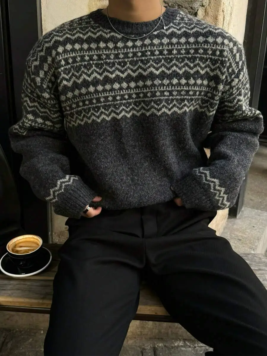 ラウンドネック ルーズ ユニセックス プルオーバー ニット 長袖 セーター