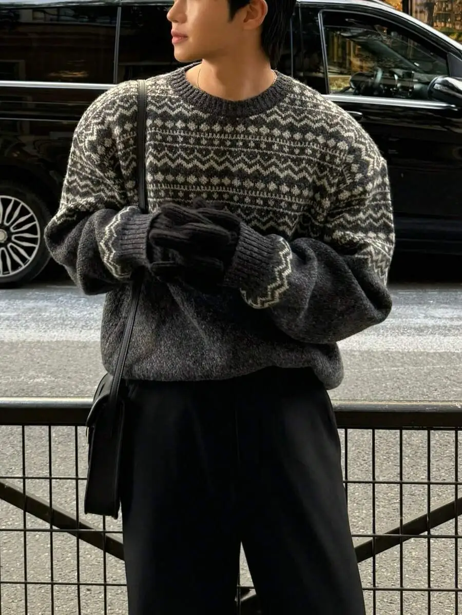 ラウンドネック ルーズ ユニセックス プルオーバー ニット 長袖 セーター