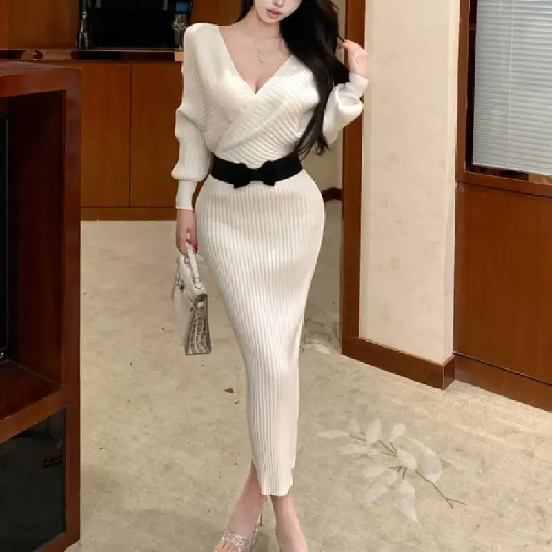 3colors スリム ニットワンピース フェミニン ピンク ホワイト ブラック