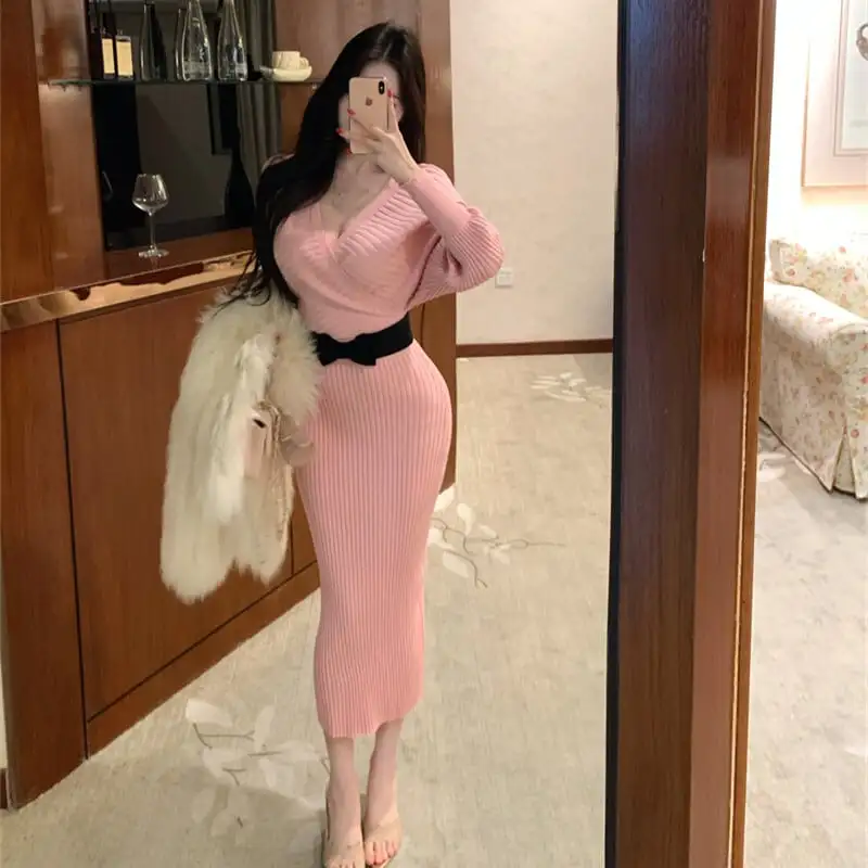 3colors スリム ニットワンピース フェミニン ピンク ホワイト ブラック