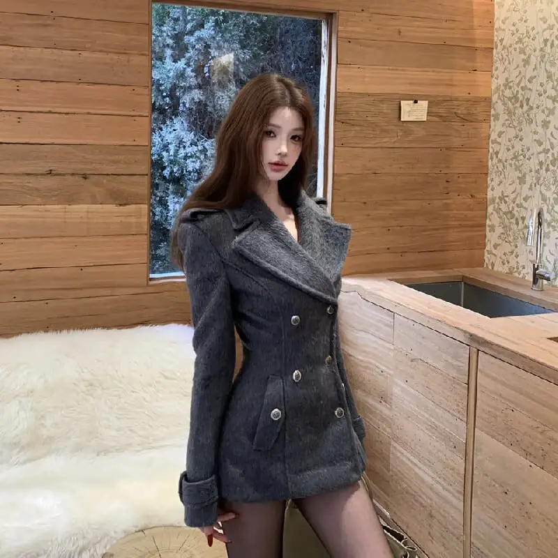 ヴィンテージ風 ウェストイン スマートシルエット グレー スーツジャケット風アウター