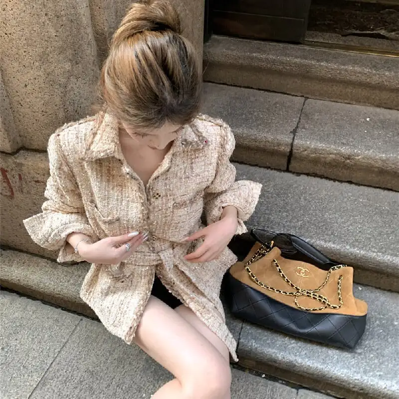 アウター ジャケット ツイード 個性 ファッション シャンパン色