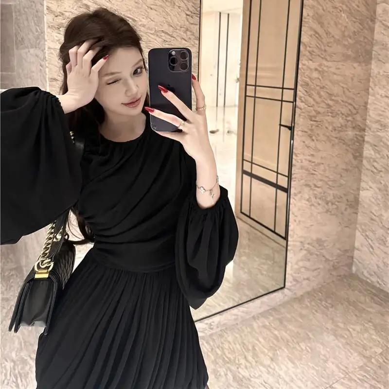 2colors ランタンスリーブ ワンピース ドレープ ブラック ホワイト