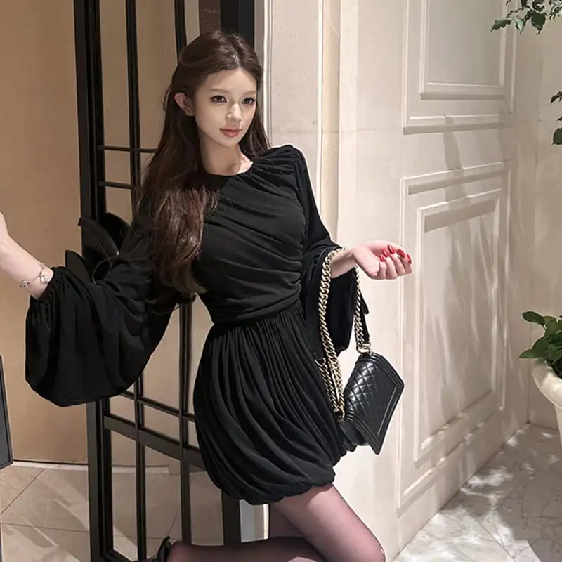 2colors ランタンスリーブ ワンピース ドレープ ブラック ホワイト