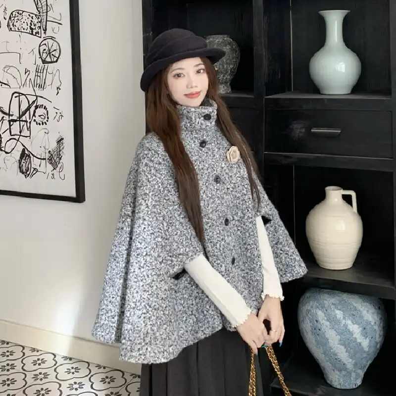 アウター 2色展開 ケープコート ハイネック 大人可愛い ベージュ グレー