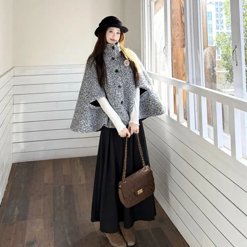 アウター 2色展開 ケープコート ハイネック 大人可愛い ベージュ グレー