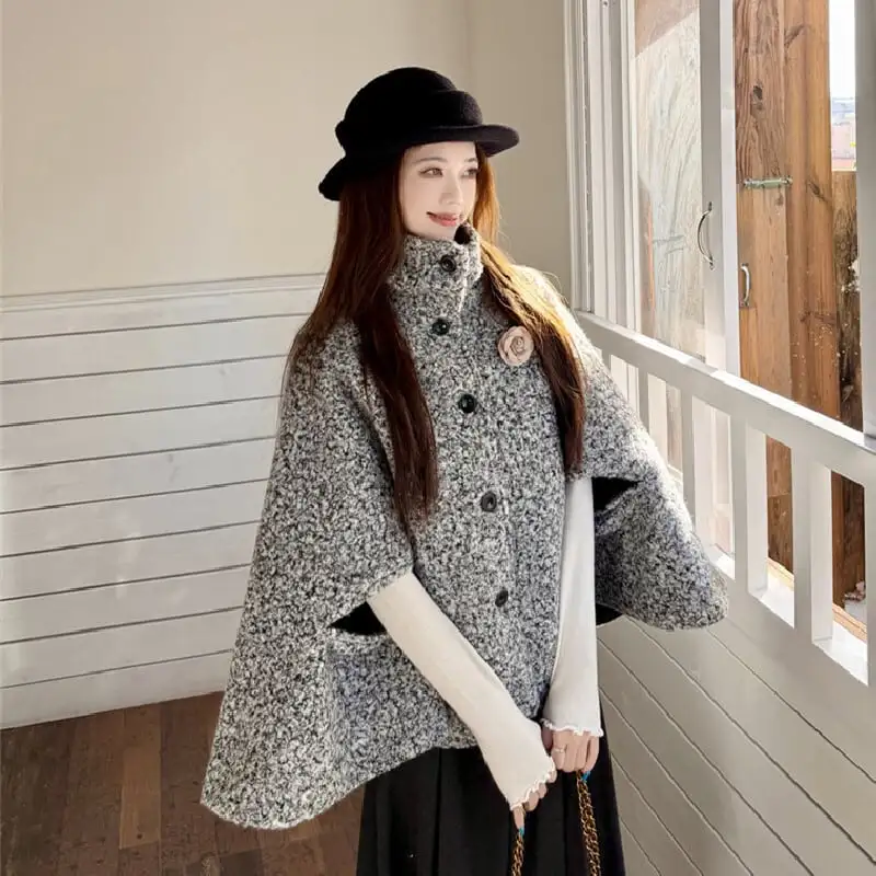 アウター 2色展開 ケープコート ハイネック 大人可愛い ベージュ グレー