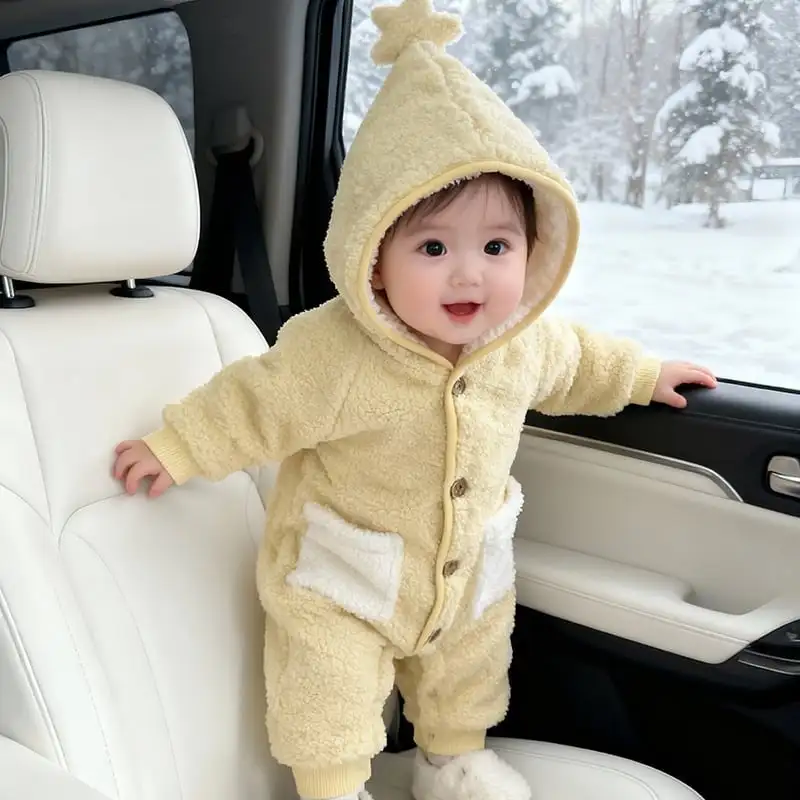 【66-100cm】キイロ防寒付きもこもこロンパース