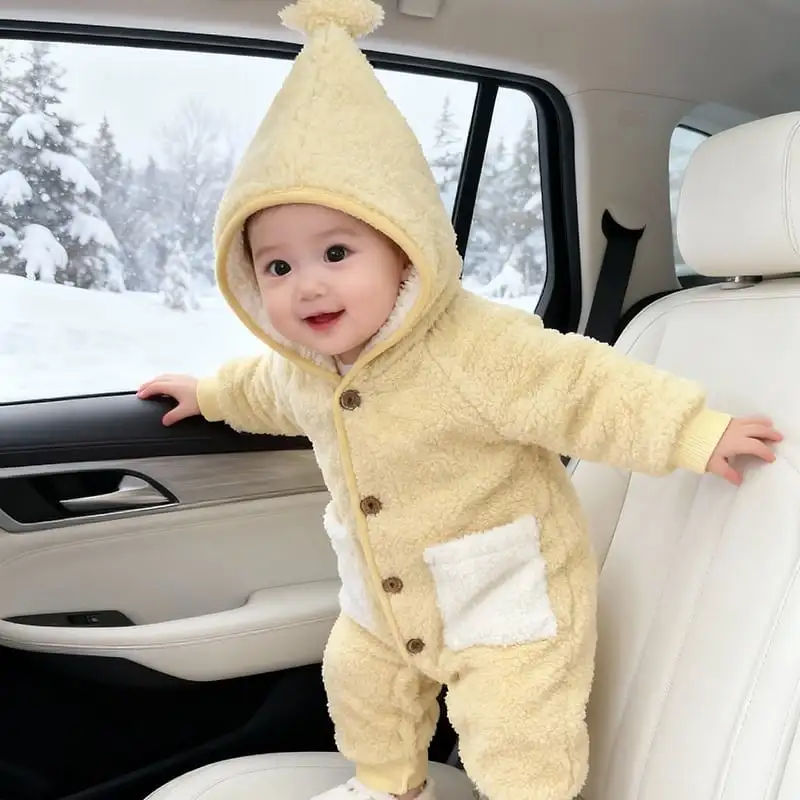 【66-100cm】キイロ防寒付きもこもこロンパース