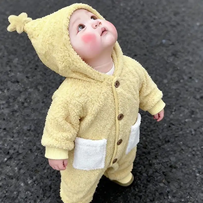 【66-100cm】キイロ防寒付きもこもこロンパース