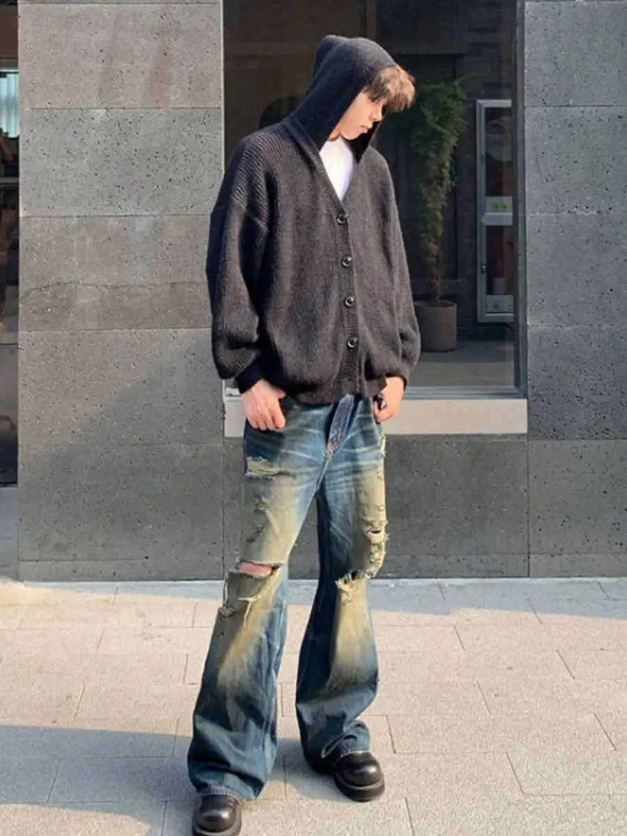 ニット カーディガン フード付き 前開き セーター ユニセックス 長袖 ニット カーディガン