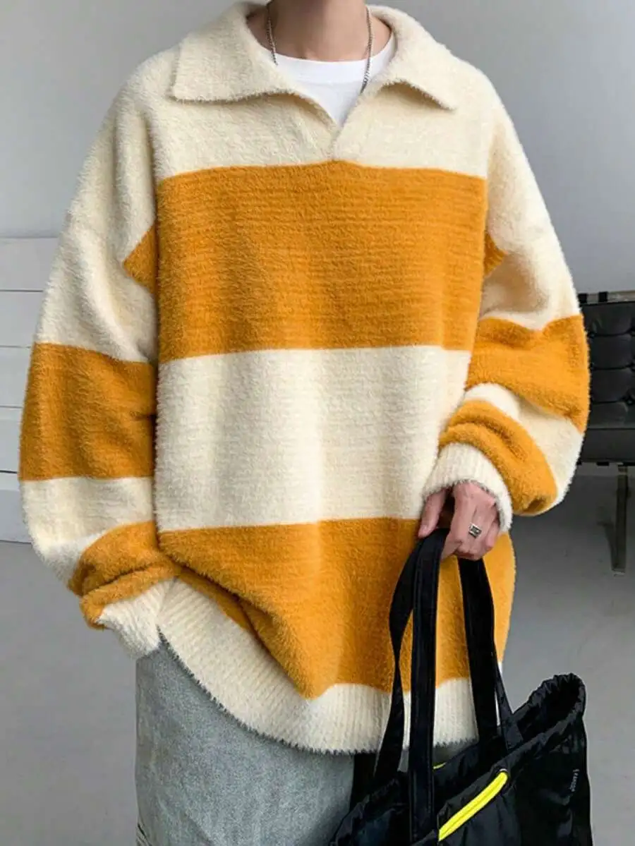 メンズ ビッグシルエット ボーダー柄 折り襟 長袖 トップス ニット カジュアル 柔らかい セーター