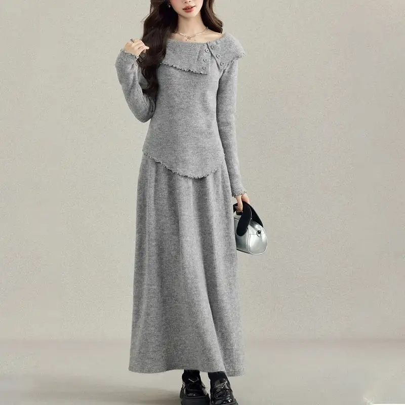 セットアップ トップス+スカート ニット ボタン 気質満点 無地 ライトグレー