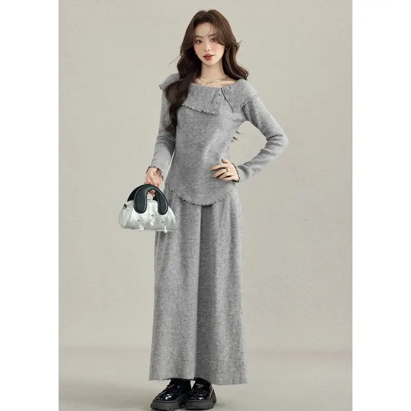 セットアップ トップス+スカート ニット ボタン 気質満点 無地 ライトグレー