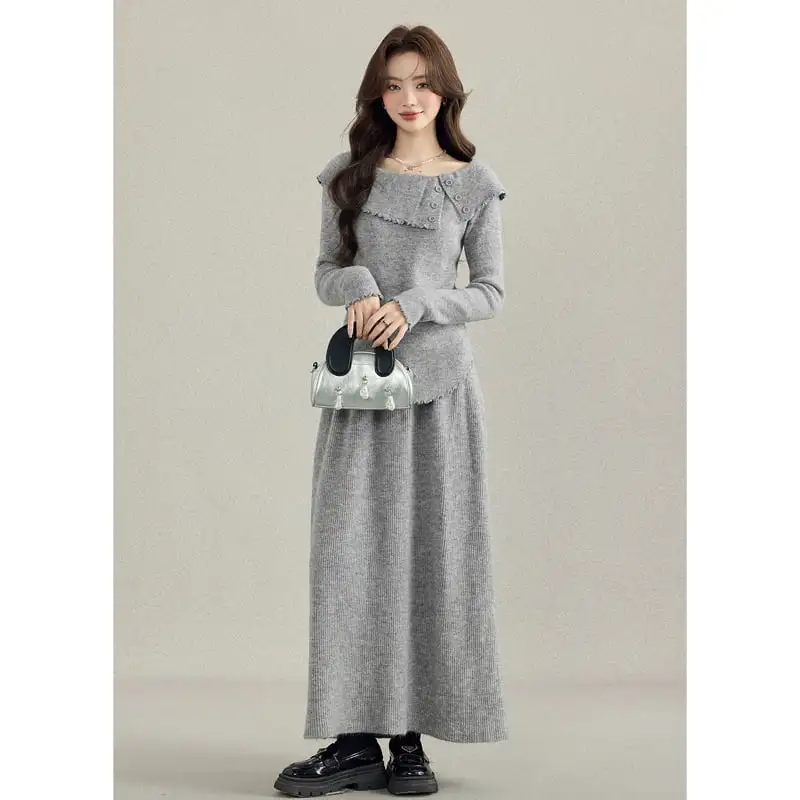 セットアップ トップス+スカート ニット ボタン 気質満点 無地 ライトグレー
