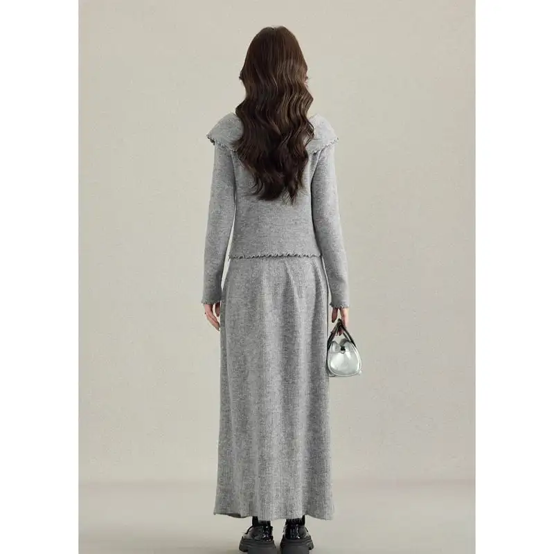 セットアップ トップス+スカート ニット ボタン 気質満点 無地 ライトグレー