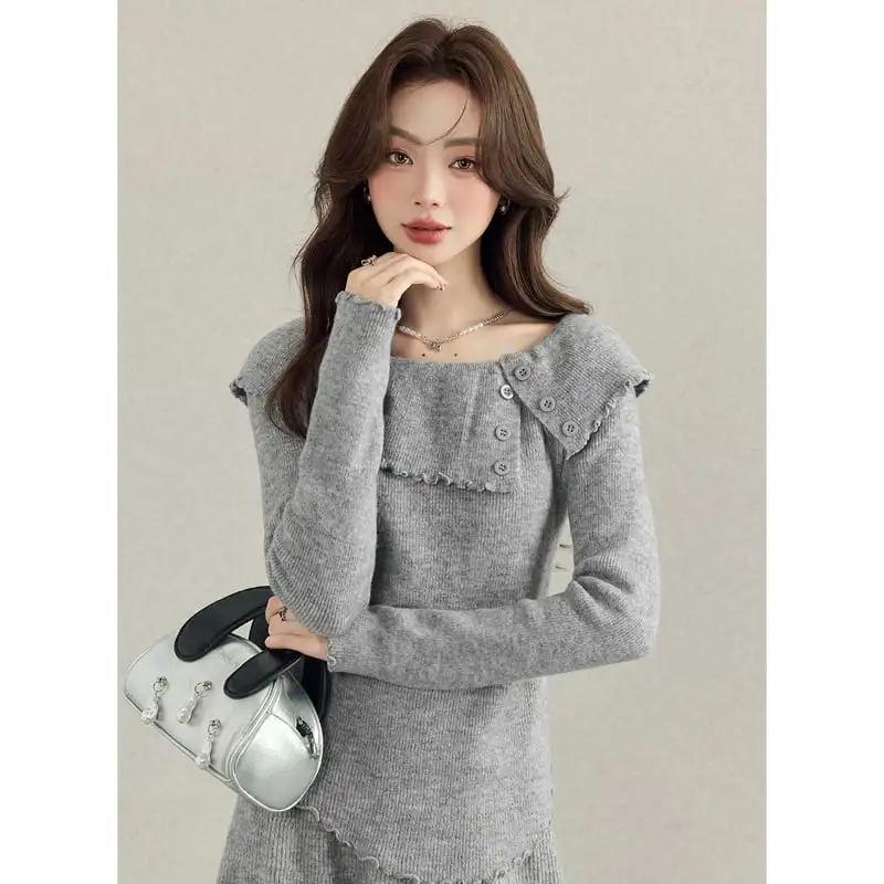 セットアップ トップス+スカート ニット ボタン 気質満点 無地 ライトグレー