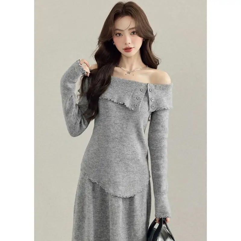 セットアップ トップス+スカート ニット ボタン 気質満点 無地 ライトグレー