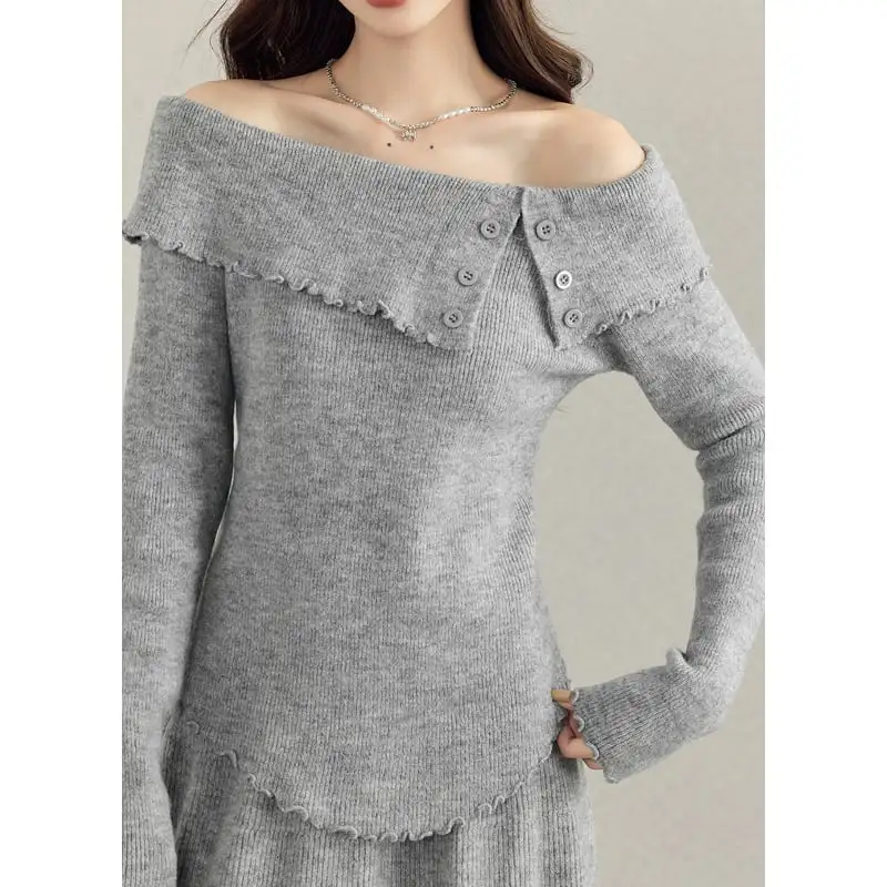 セットアップ トップス+スカート ニット ボタン 気質満点 無地 ライトグレー