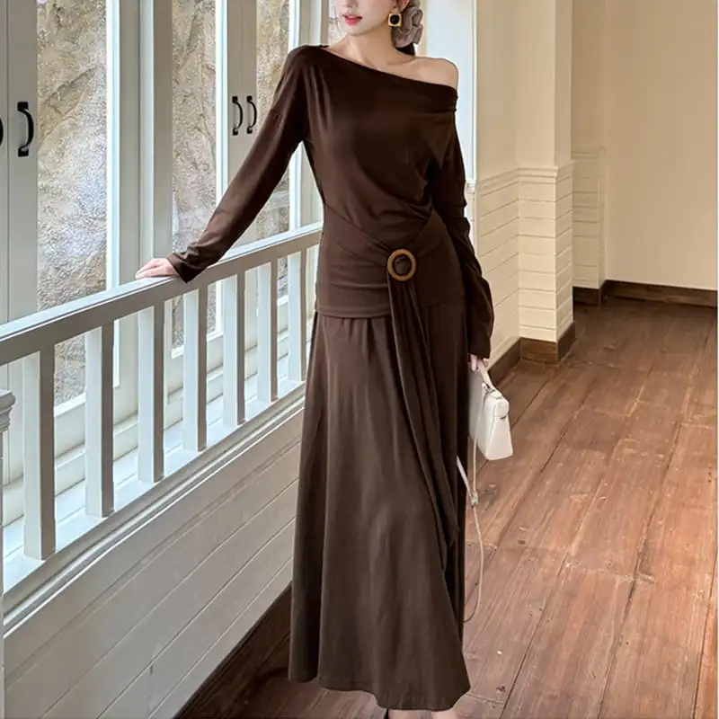 3colors 2点セット オフショルダー トップス+ハイウエスト スカート