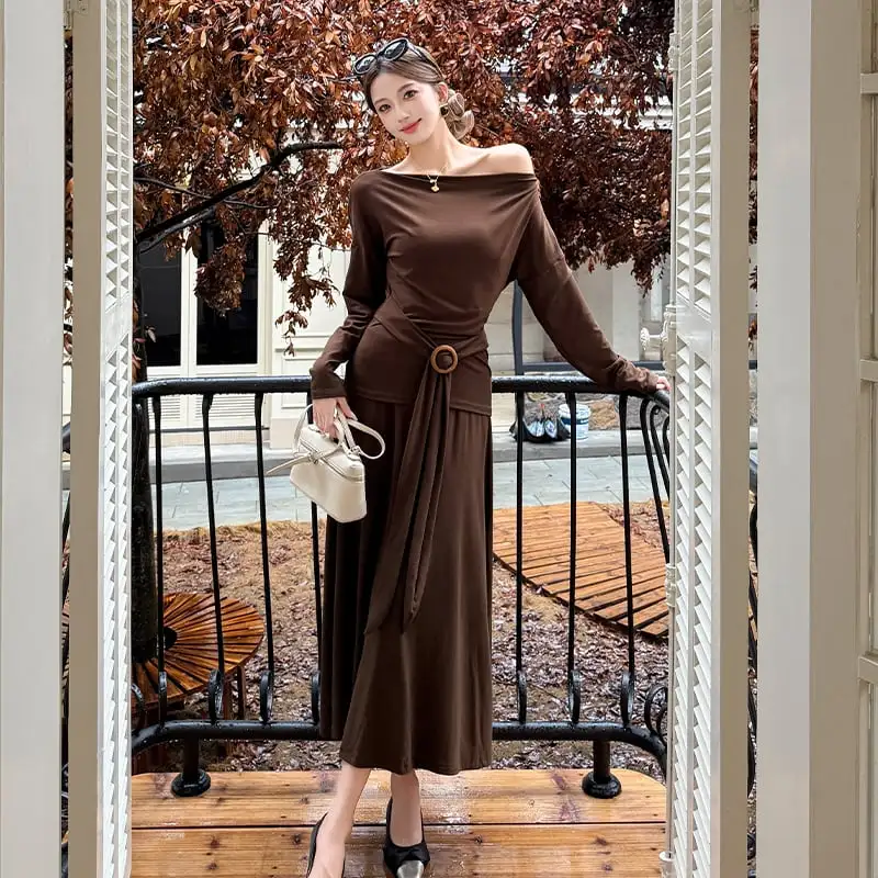 3colors 2点セット オフショルダー トップス+ハイウエスト スカート