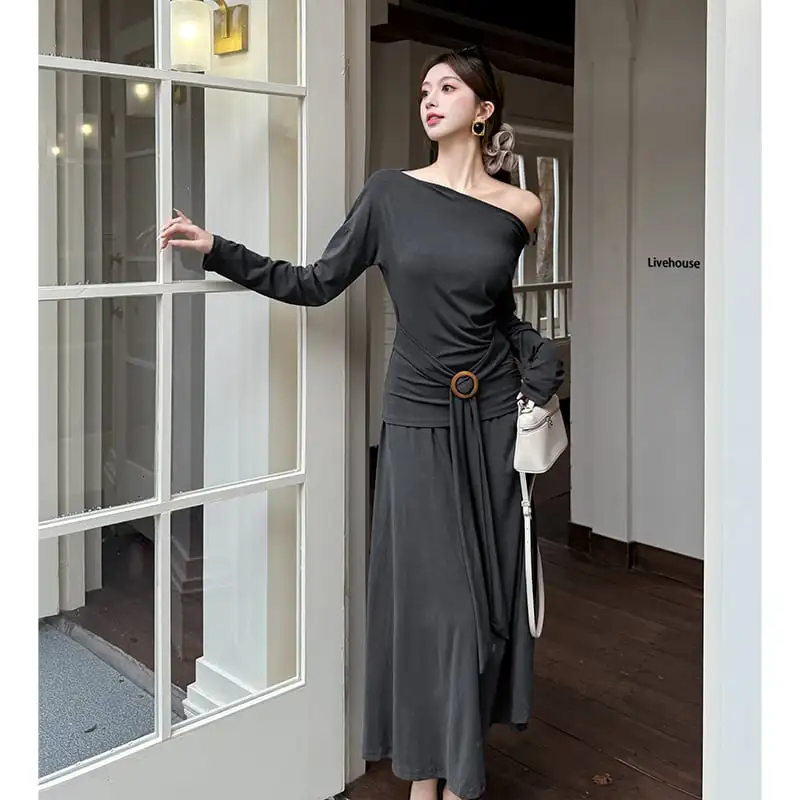 3colors 2点セット オフショルダー トップス+ハイウエスト スカート