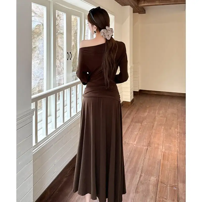 3colors 2点セット オフショルダー トップス+ハイウエスト スカート