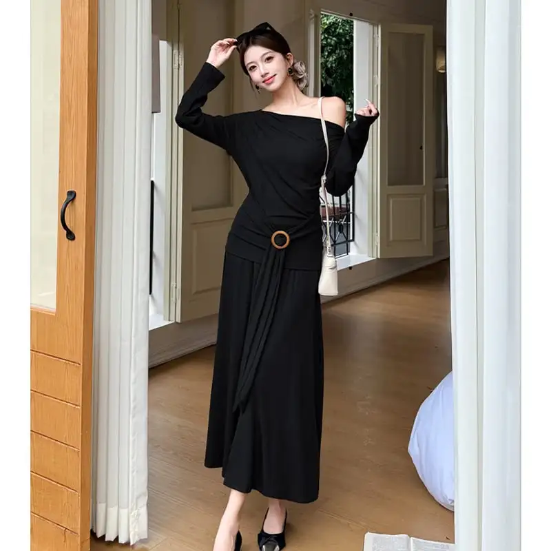 3colors 2点セット オフショルダー トップス+ハイウエスト スカート