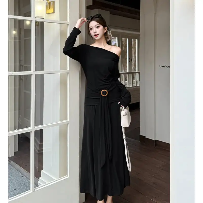 3colors 2点セット オフショルダー トップス+ハイウエスト スカート