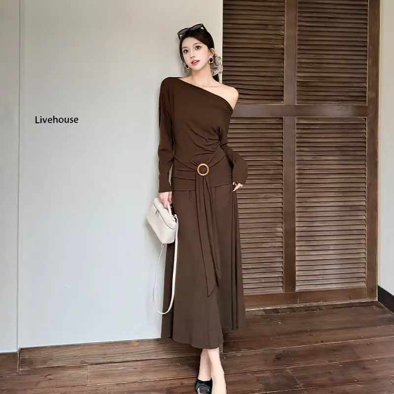 3colors 2点セット オフショルダー トップス+ハイウエスト スカート