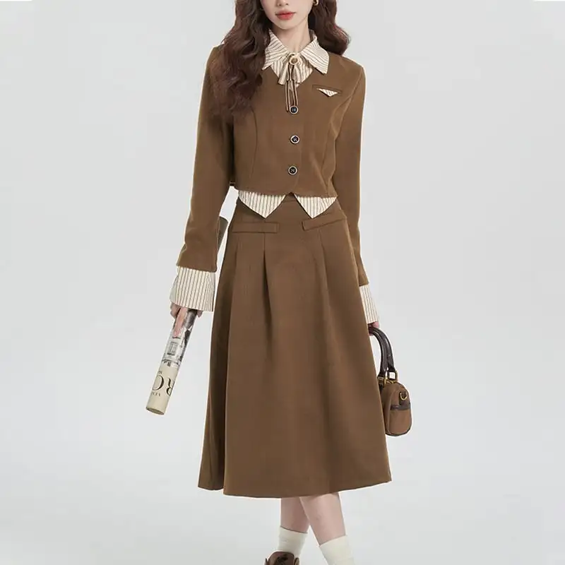 セットアップ トップス+スカート シャツネック ストライプ柄 ブラウン