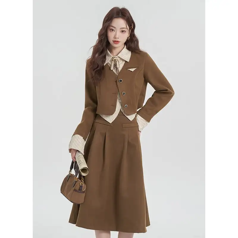 セットアップ トップス+スカート シャツネック ストライプ柄 ブラウン