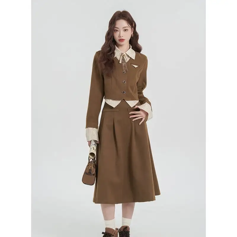 セットアップ トップス+スカート シャツネック ストライプ柄 ブラウン