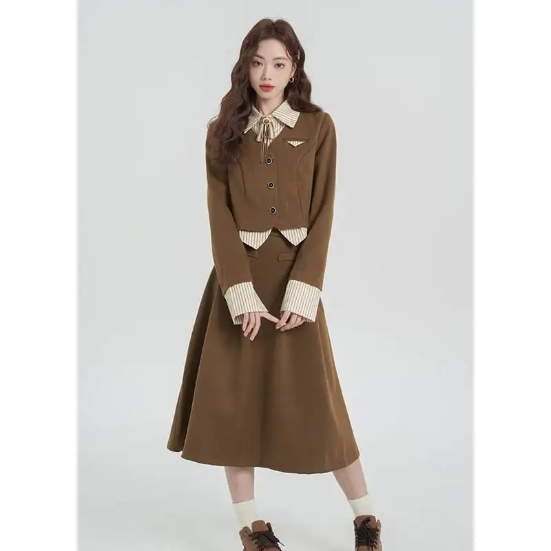 セットアップ トップス+スカート シャツネック ストライプ柄 ブラウン