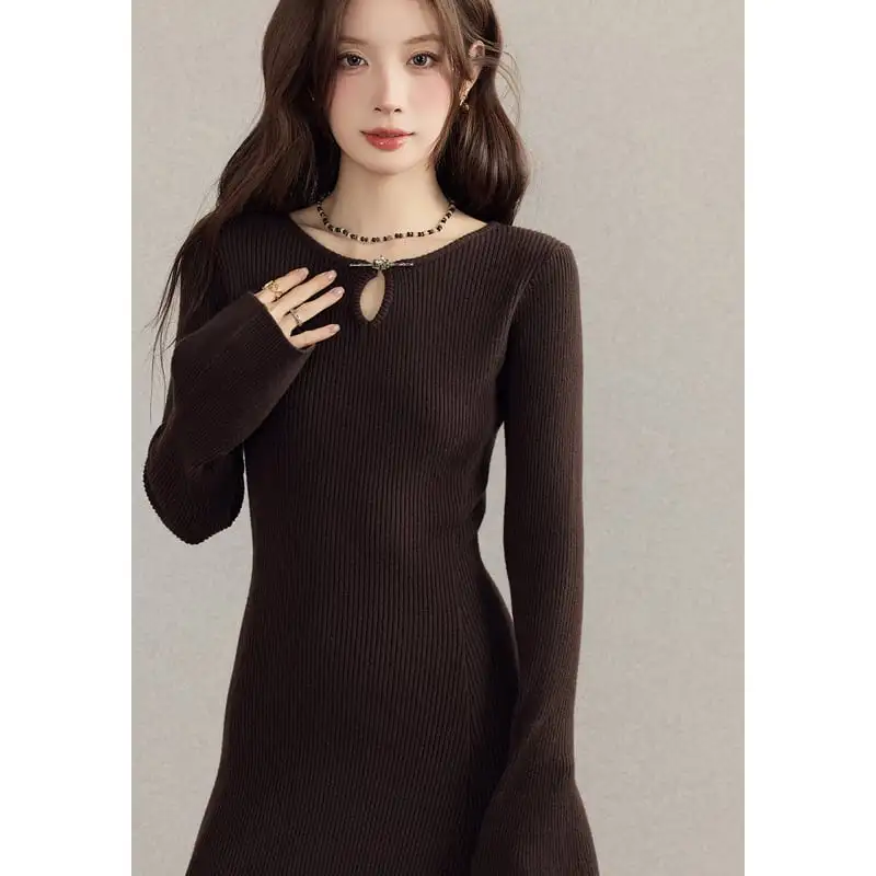 ニットワンピース スリムフィット 細見え ロング丈 インナーワンピ コーヒー色
