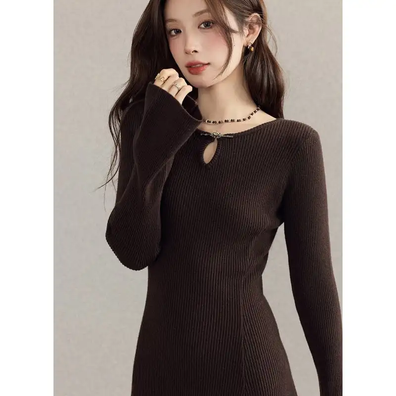 ニットワンピース スリムフィット 細見え ロング丈 インナーワンピ コーヒー色