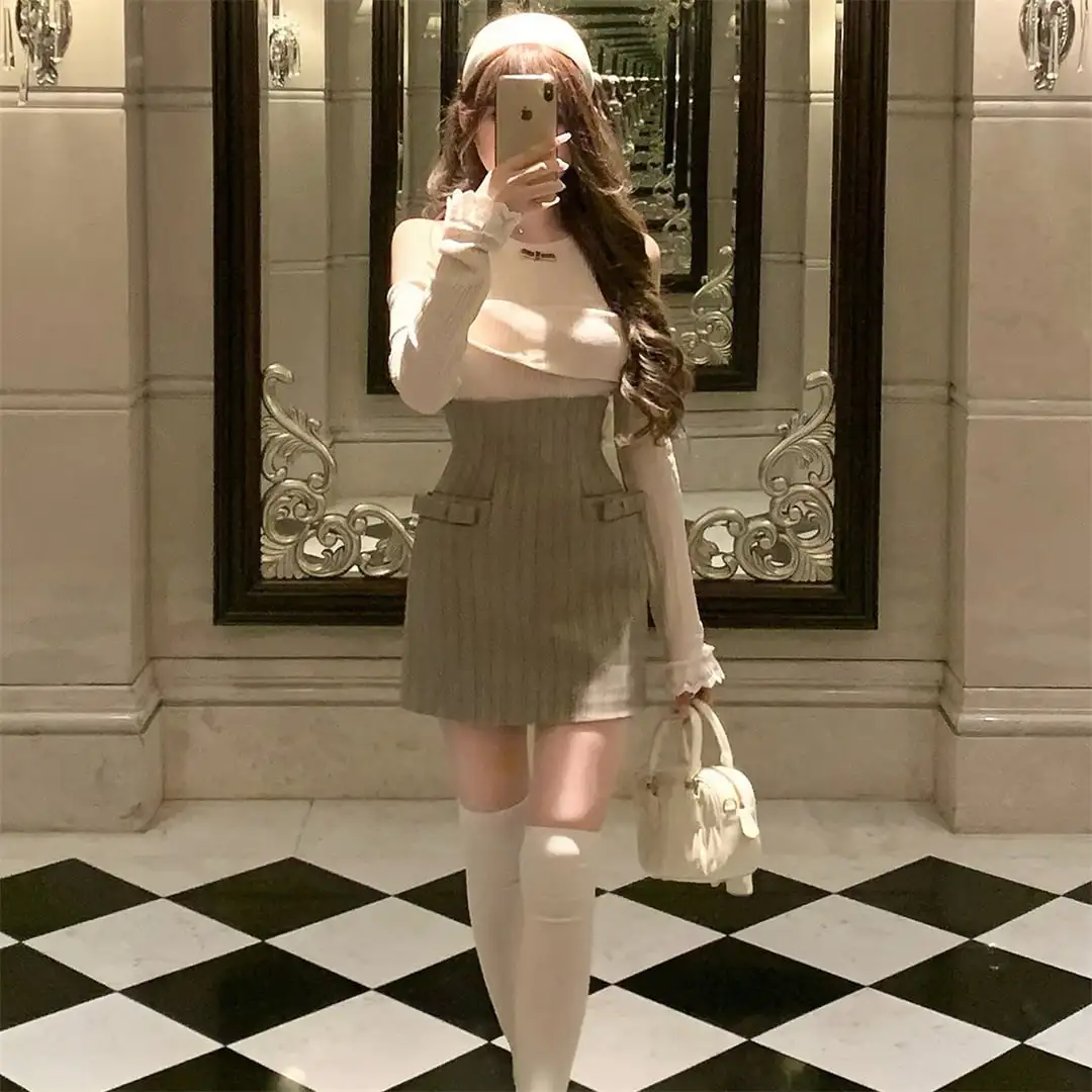 セットアップ カジュアル オフショルダー ウエストシェイプ トップス＆スカート