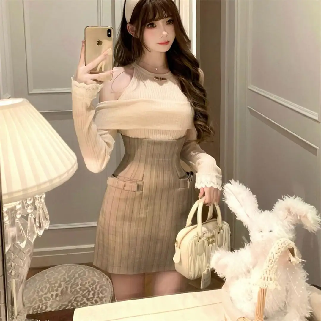 セットアップ カジュアル オフショルダー ウエストシェイプ トップス＆スカート