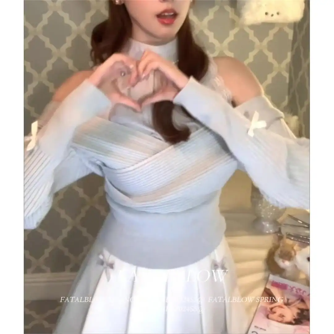 セットアップ 可愛い レースオフショルダー 重ね着風ニットトップス＆スカート