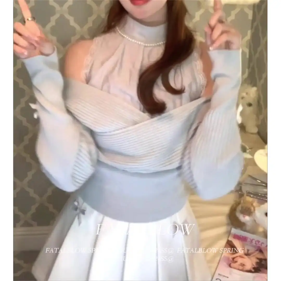 セットアップ 可愛い レースオフショルダー 重ね着風ニットトップス＆スカート