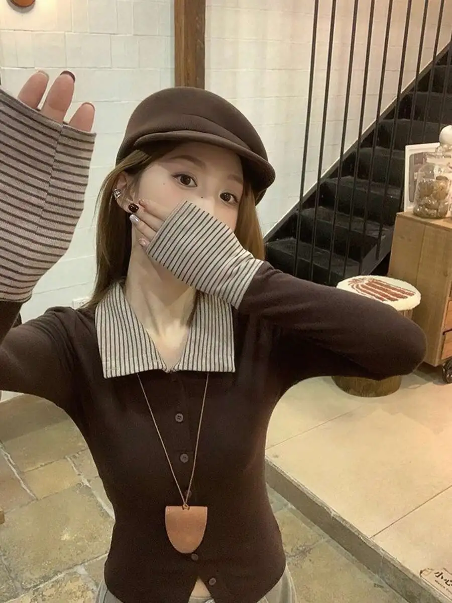 ストライプ パッチワーク フィット ブラウス 襟付き 長袖 Tシャツ