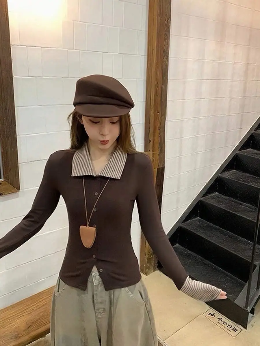 ストライプ パッチワーク フィット ブラウス 襟付き 長袖 Tシャツ