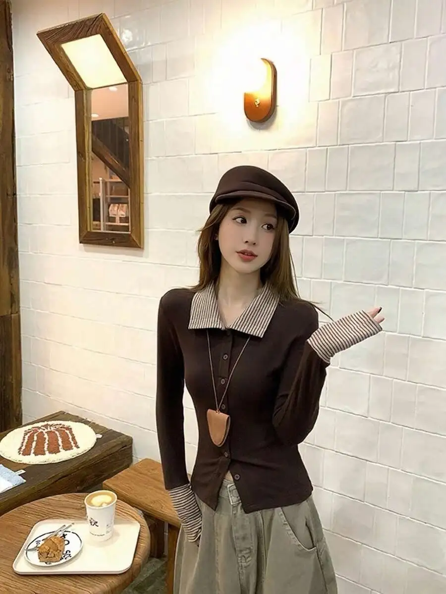 ストライプ パッチワーク フィット ブラウス 襟付き 長袖 Tシャツ