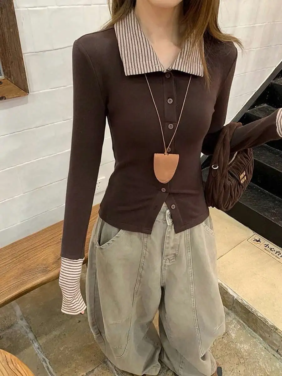 ストライプ パッチワーク フィット ブラウス 襟付き 長袖 Tシャツ