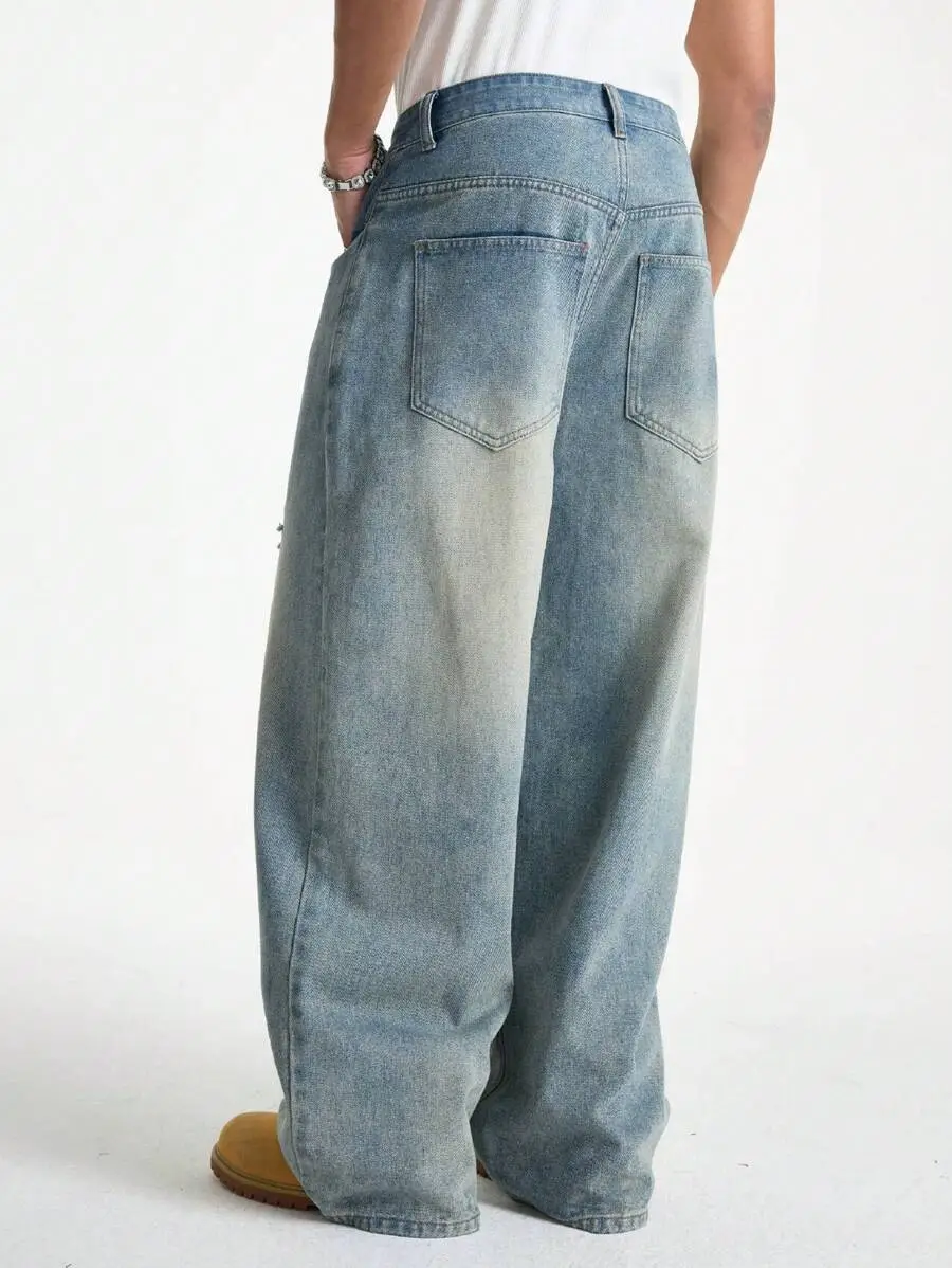 ダークブルー ヴィンテージ ウォッシュ ルーズフィット ワイドレッグ デニムジーンズ